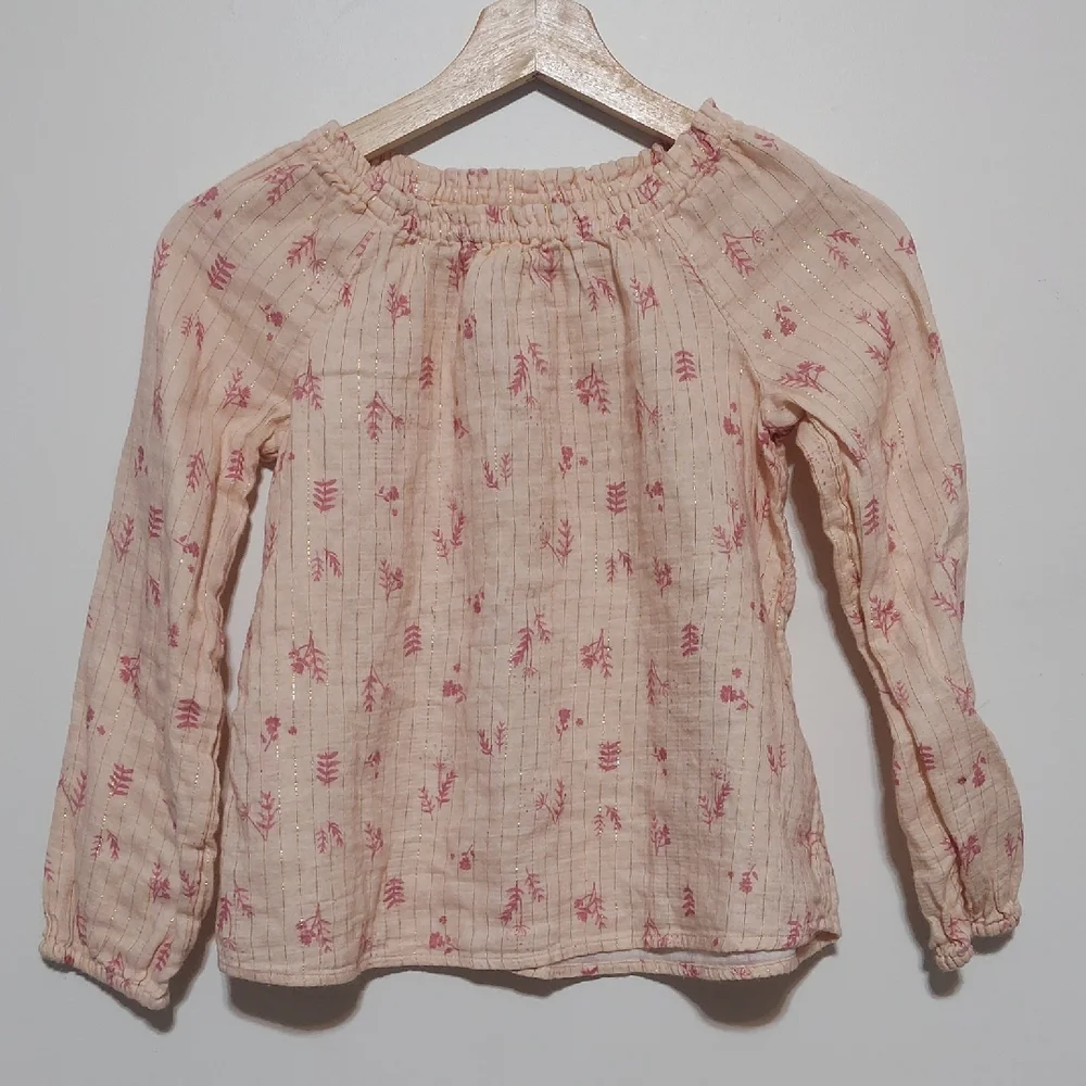 Cat & Jack Girls Blush Pink Peasant Top – Floral Gold Shimmer – Size 7-8